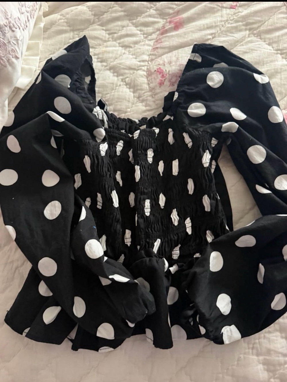 Francesca's Collections Black & White Polka Dot Smocked Puff Sleeve Top